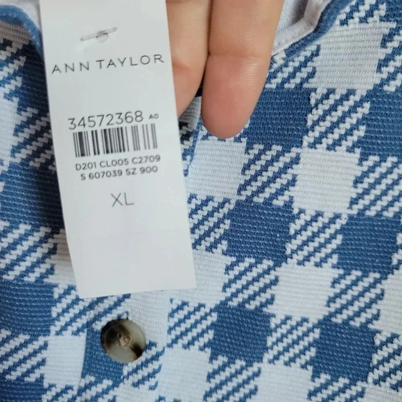 Ann Taylor, New, Blue & White Plaid Ruffle Neck Button Shell Knit Top Size XL - Picture 8 of 11